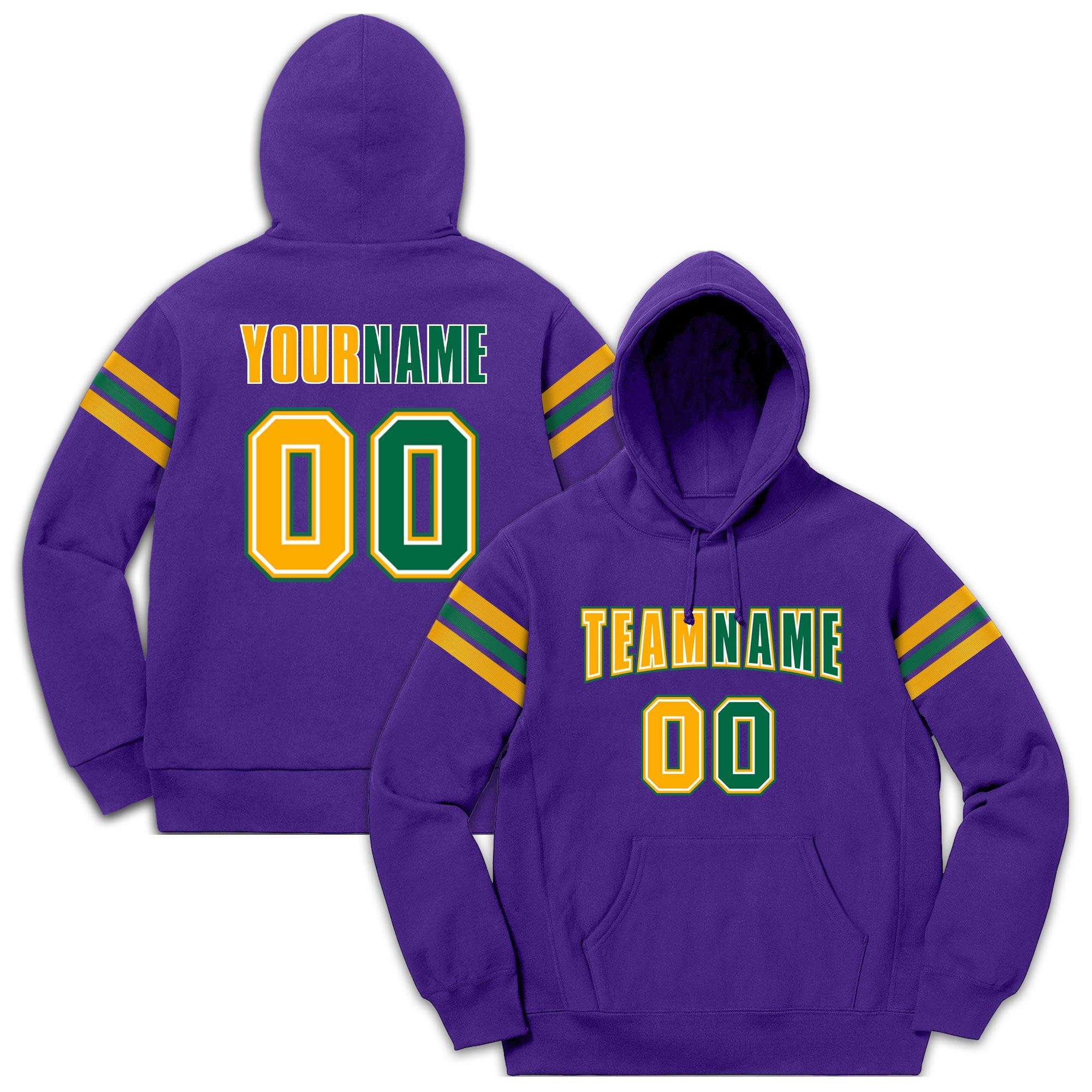 Custom Stitched Purple Yellow-Kelly Green Cotton Pullover Sweatshirt Hoodie