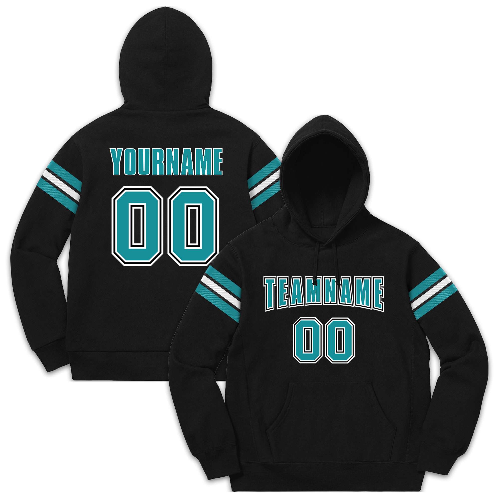 Custom Stitched Black Aqua-White Cotton Pullover Sweatshirt Hoodie