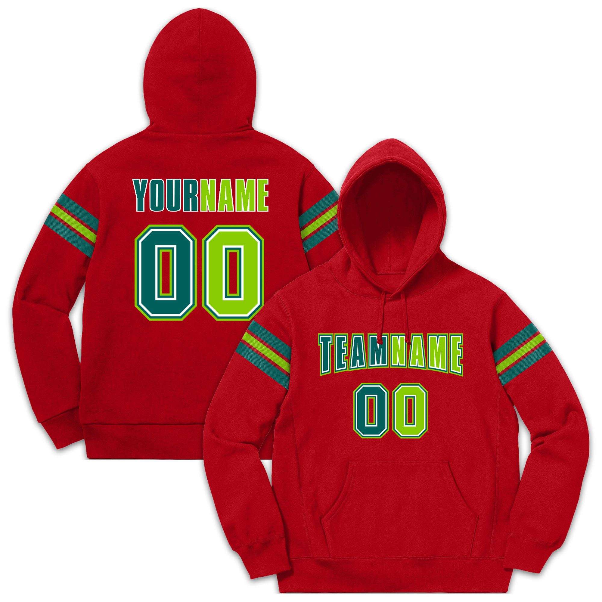 Custom Stitched Red Aqua-Neon Green Cotton Pullover Sweatshirt Hoodie