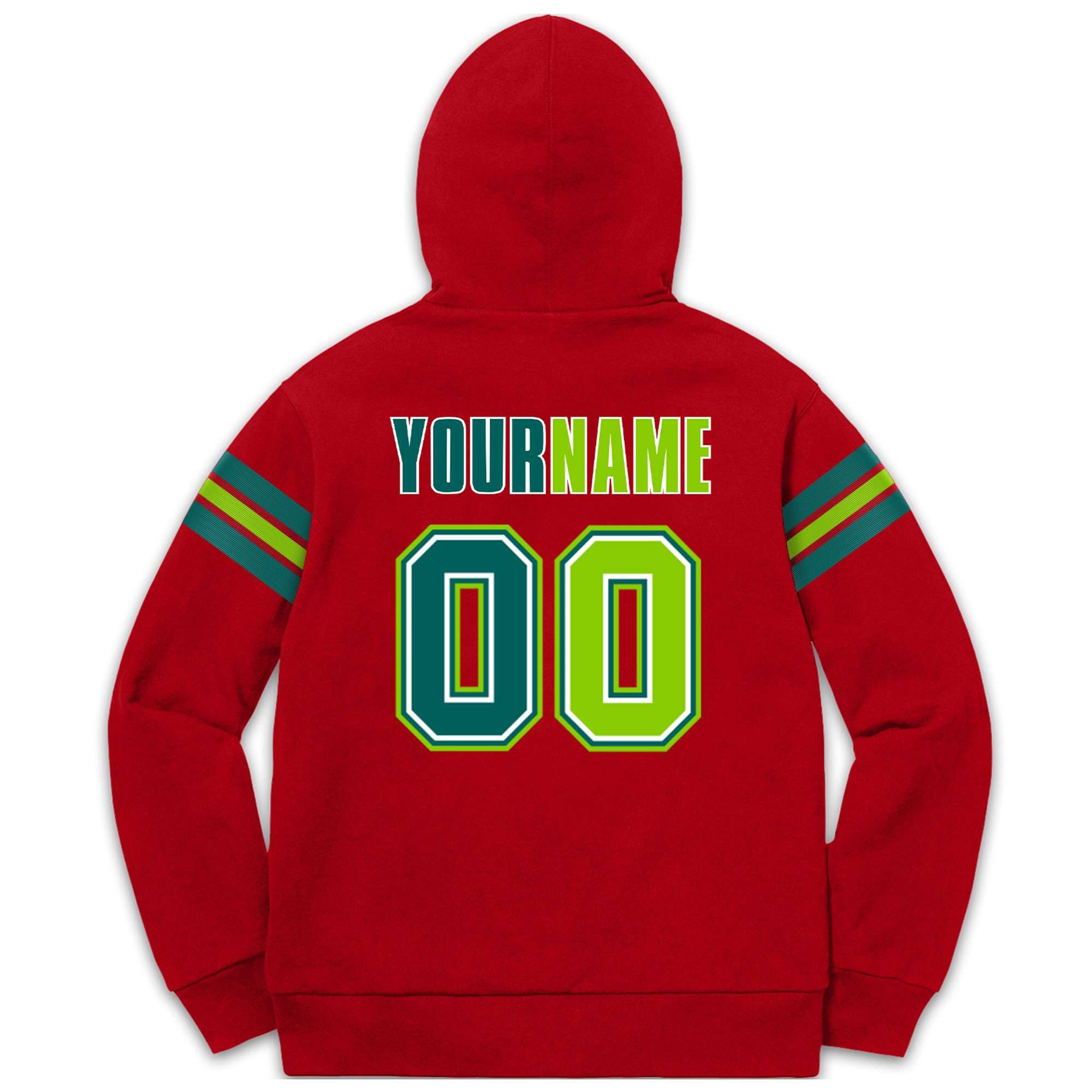 Custom Stitched Red Aqua-Neon Green Cotton Pullover Sweatshirt Hoodie