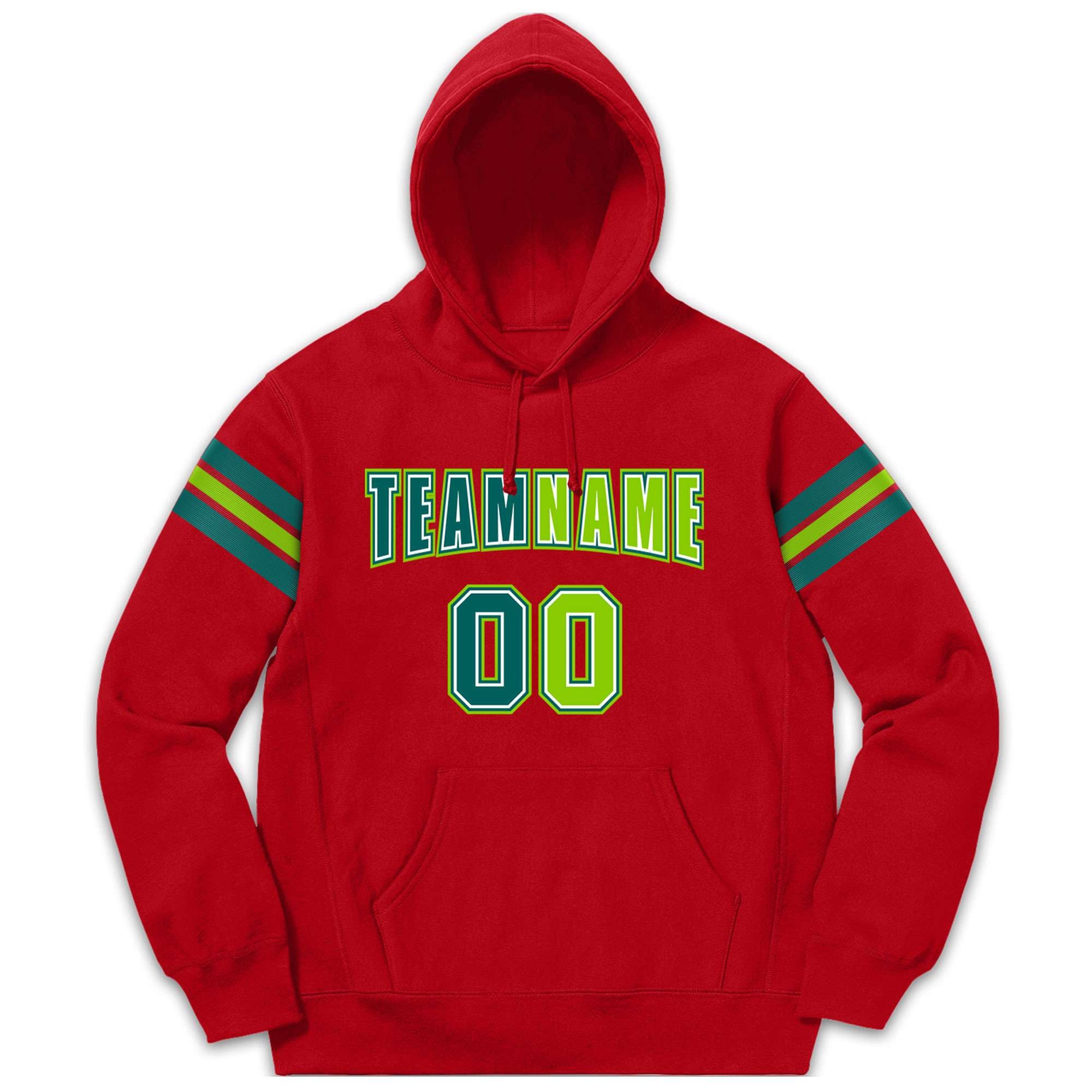 Custom Stitched Red Aqua-Neon Green Cotton Pullover Sweatshirt Hoodie