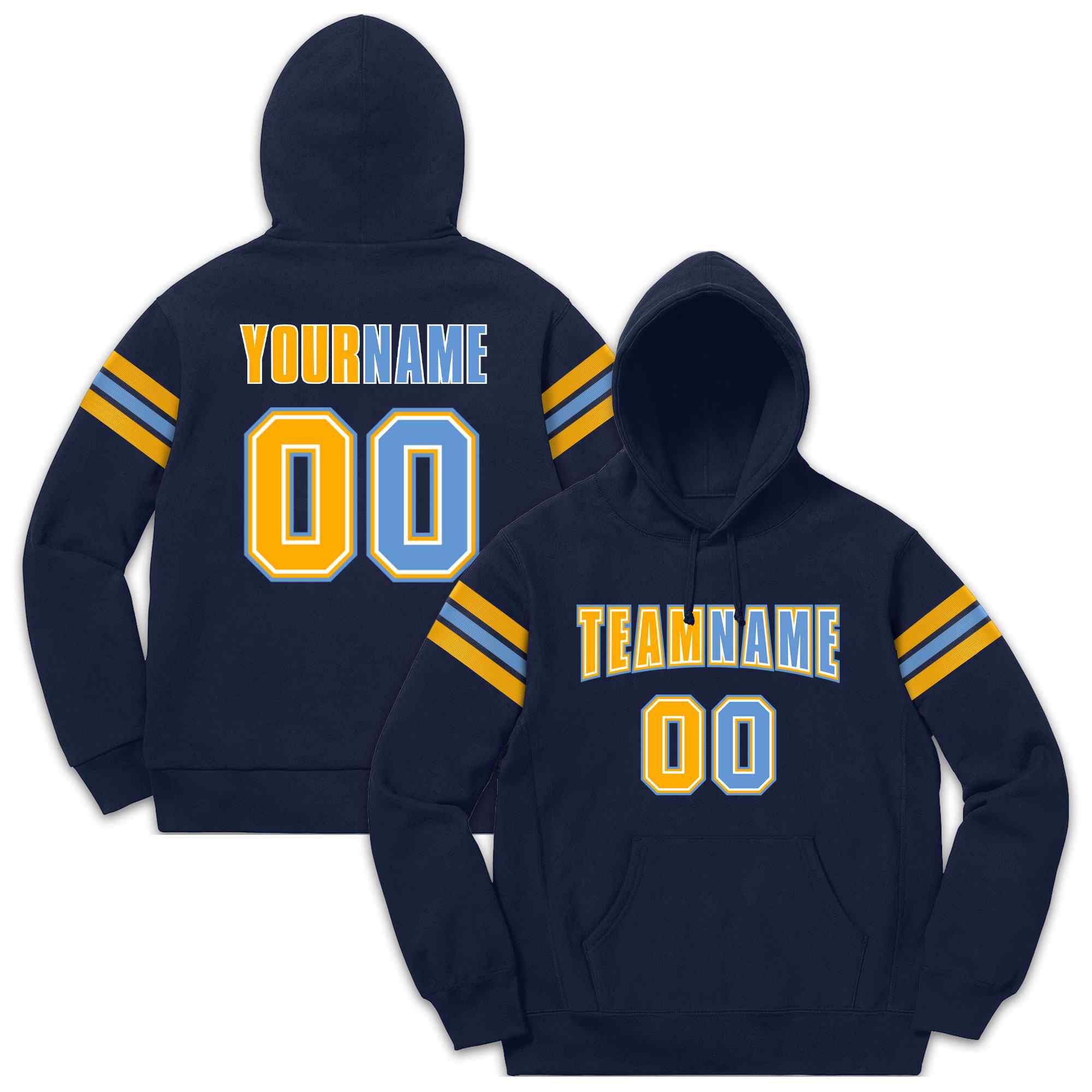 Custom Stitched Navy Yellow-Light Blue Cotton Pullover Sweatshirt Hoodie