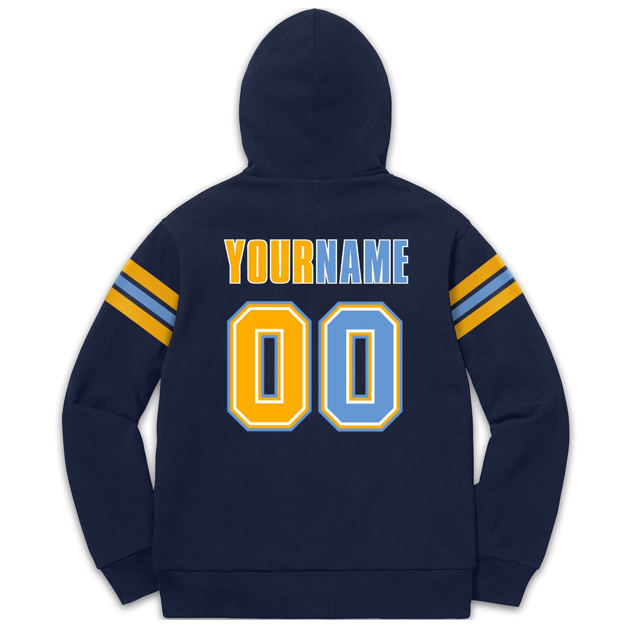 Custom Stitched Navy Yellow-Light Blue Cotton Pullover Sweatshirt Hoodie