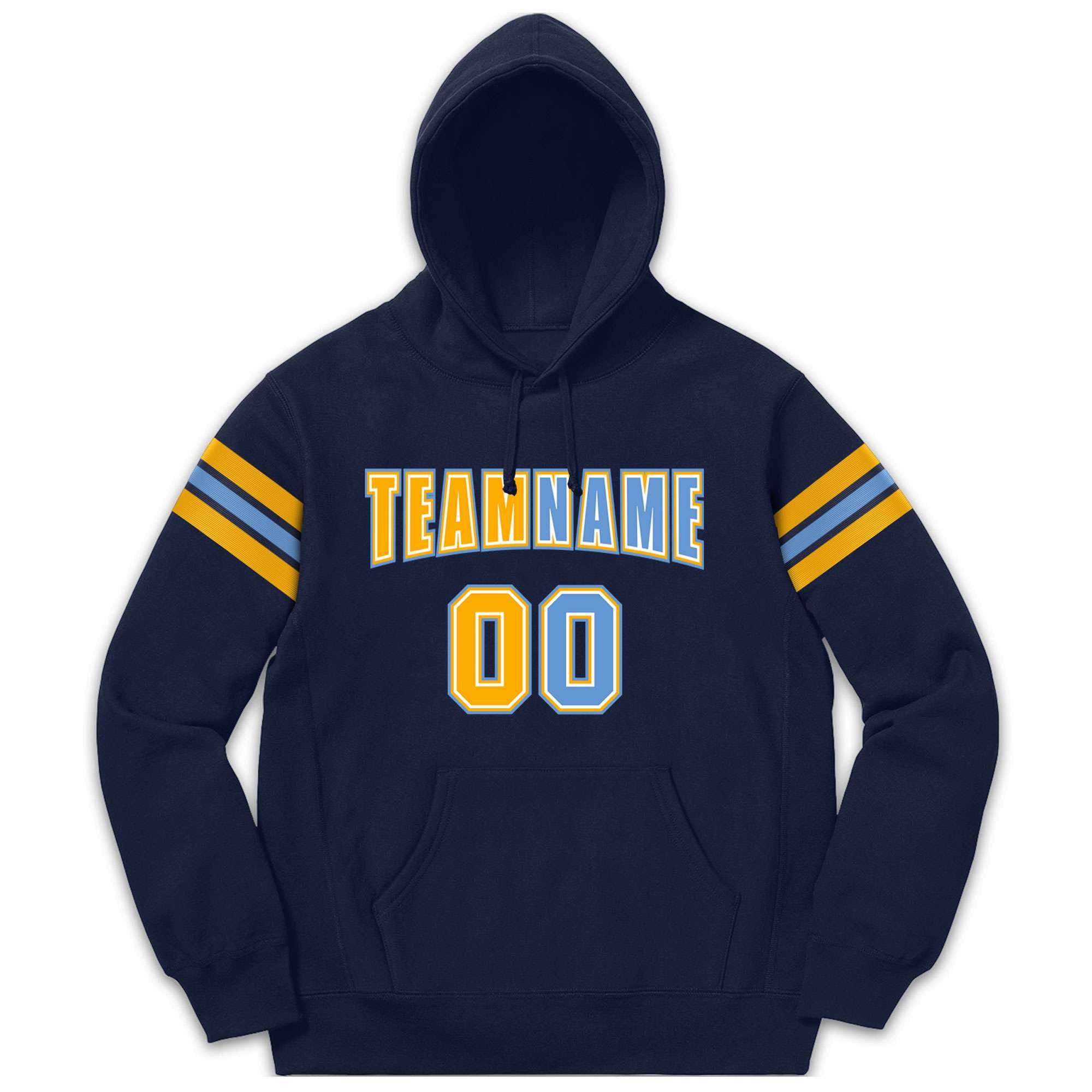 Custom Stitched Navy Yellow-Light Blue Cotton Pullover Sweatshirt Hoodie