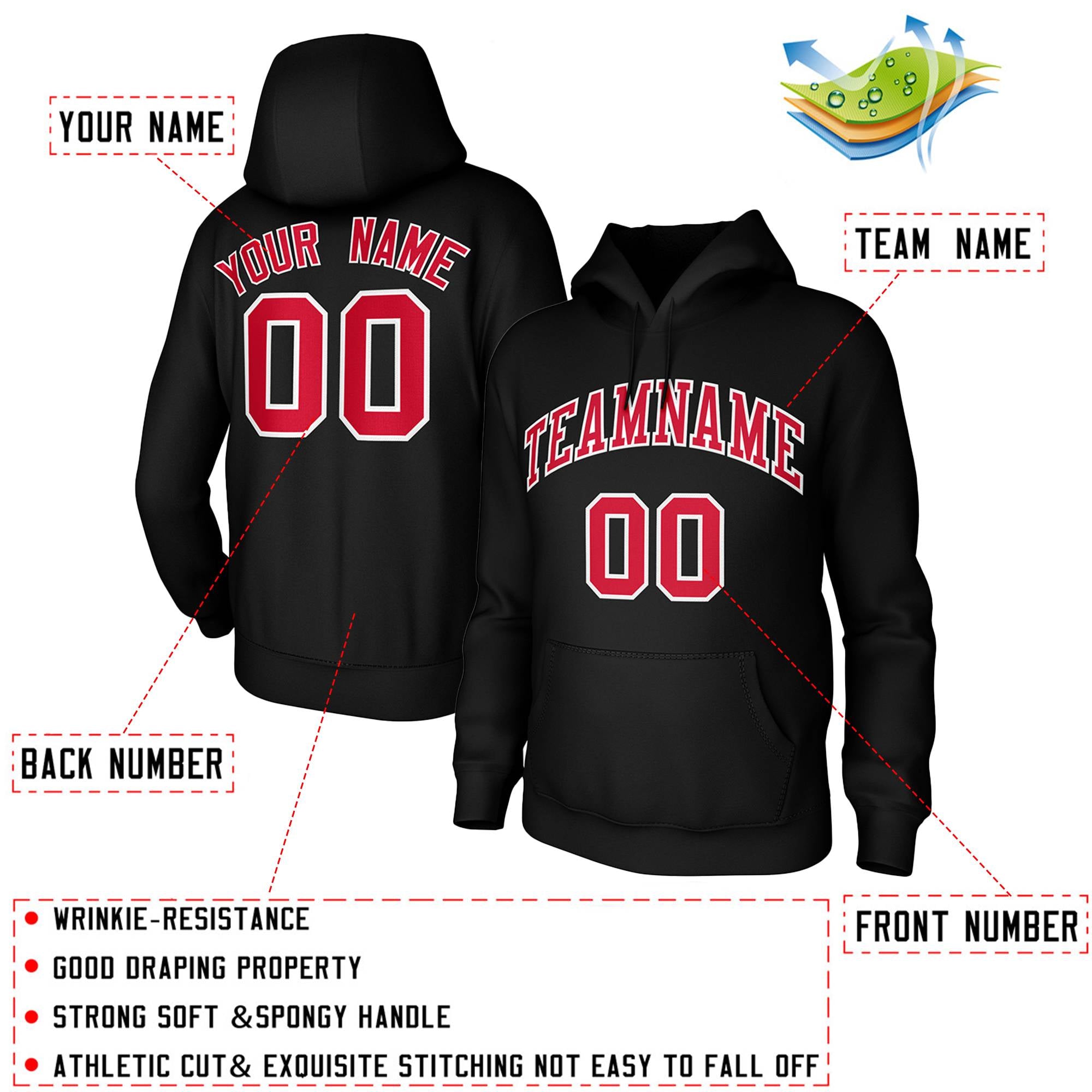 Custom Black Red-White Classic Style Training Uniform Pullover Hoodie