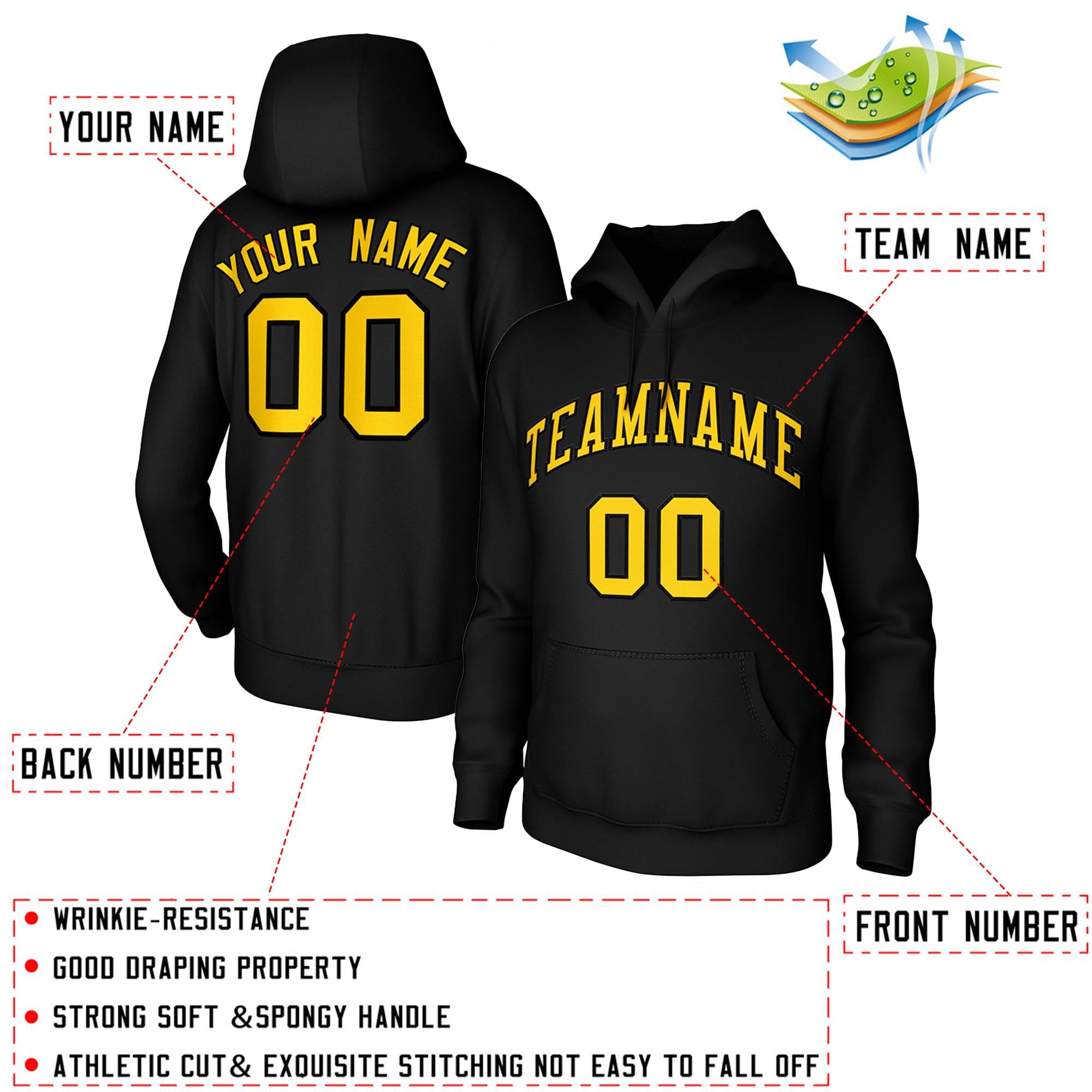 Custom Black Yellow-Black Classic Style Training Uniform Pullover Hoodie