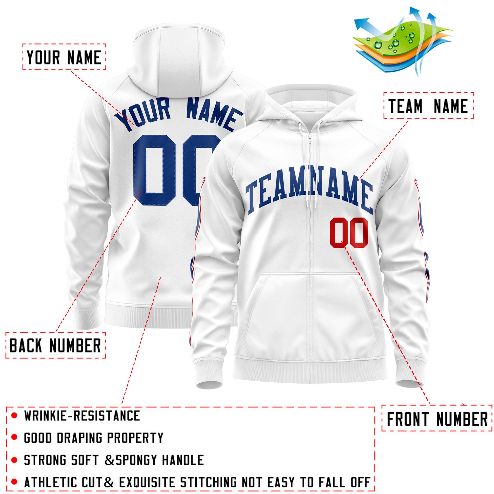 Custom Stitched White Royal Sports Full-Zip Sweatshirt Hoodie with Flame