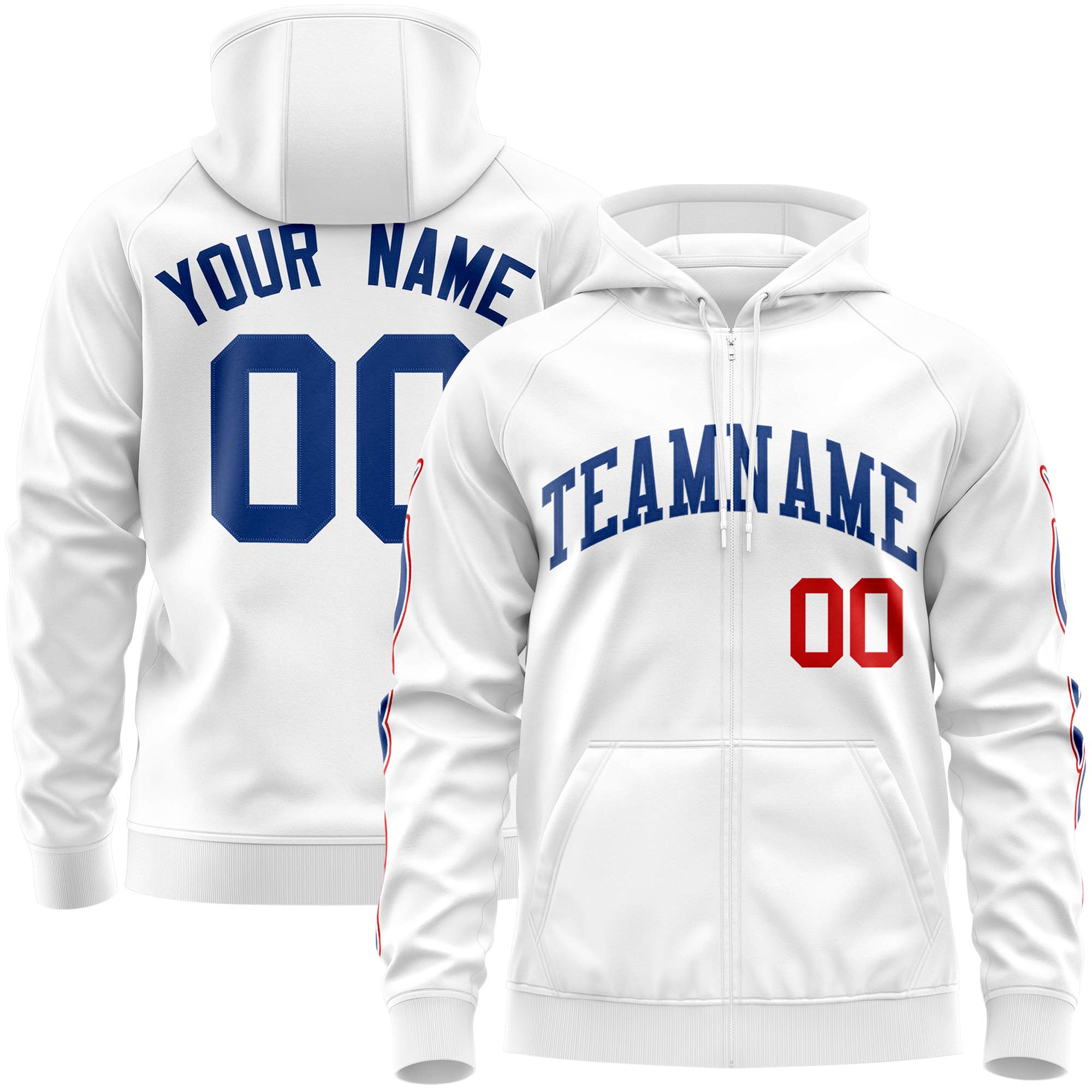 Custom Stitched White Royal Sports Full-Zip Sweatshirt Hoodie with Flame