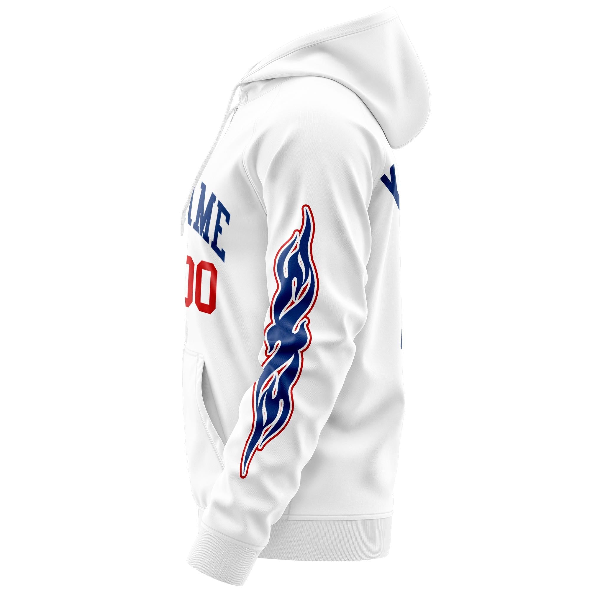 Custom Stitched White Royal Sports Full-Zip Sweatshirt Hoodie with Flame