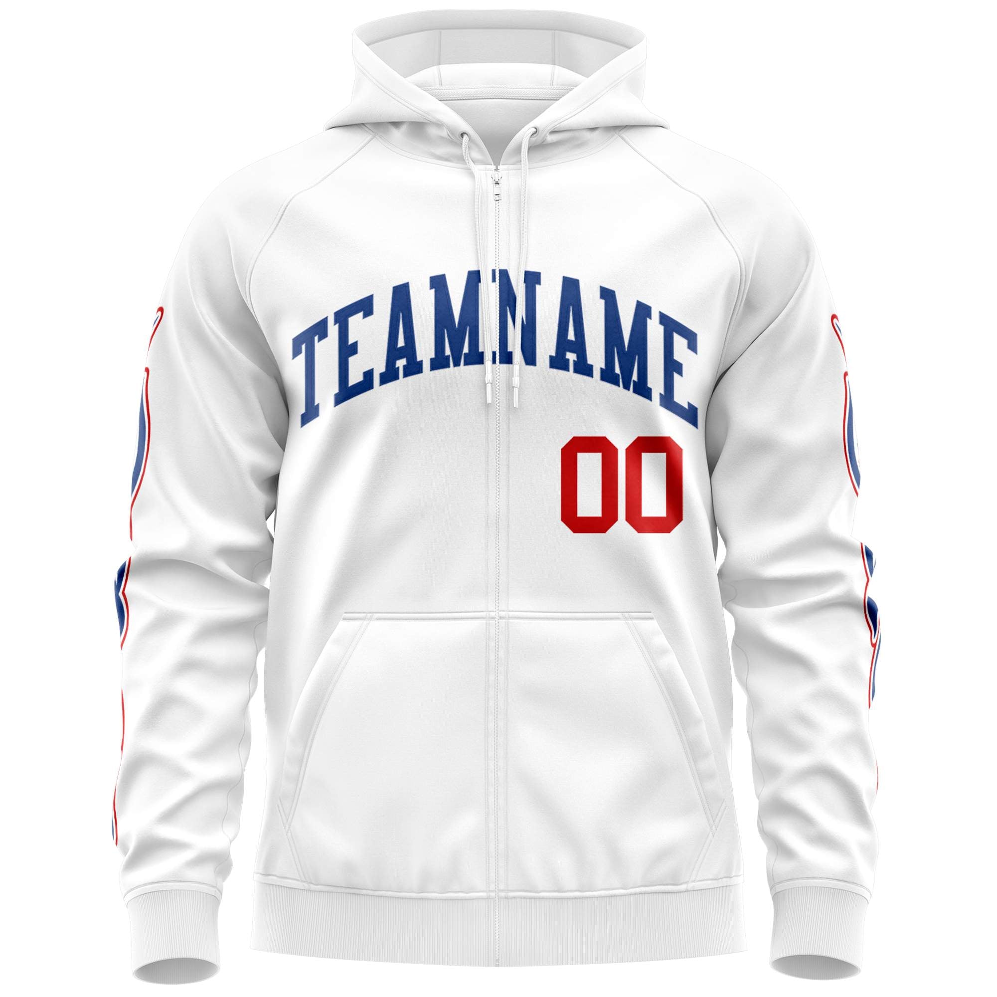 Custom Stitched White Royal Sports Full-Zip Sweatshirt Hoodie with Flame