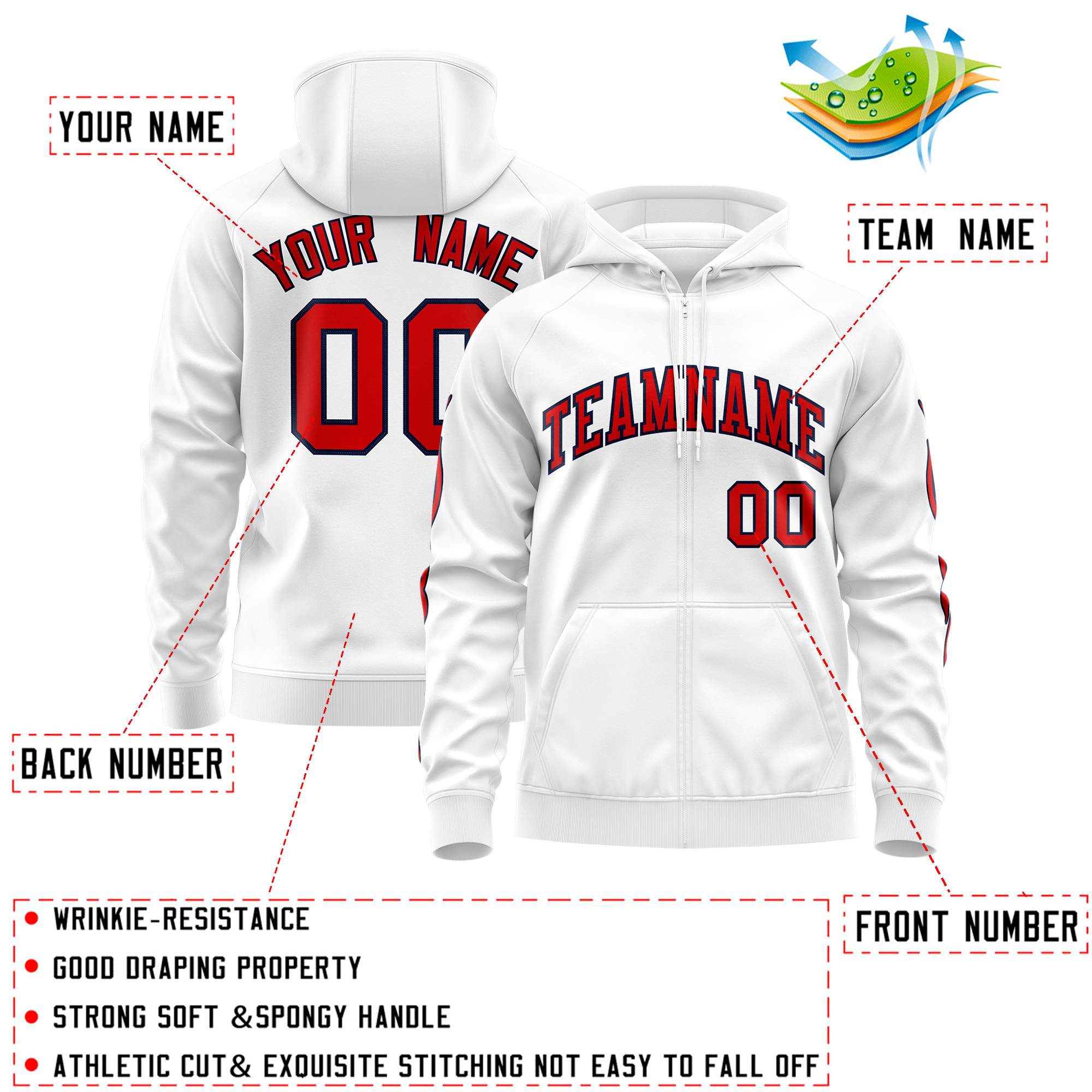 Custom Stitched White Red Sports Full-Zip Sweatshirt Hoodie with Flame