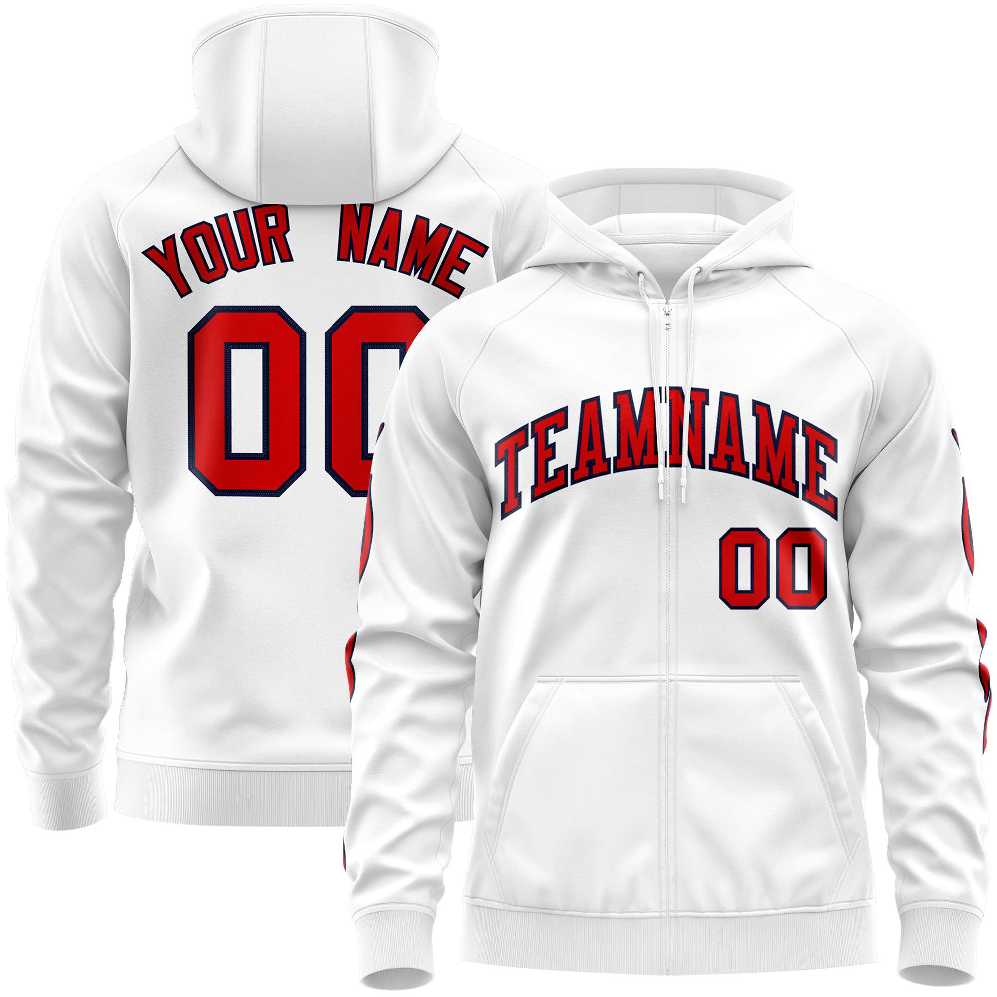 Custom Stitched White Red Sports Full-Zip Sweatshirt Hoodie with Flame