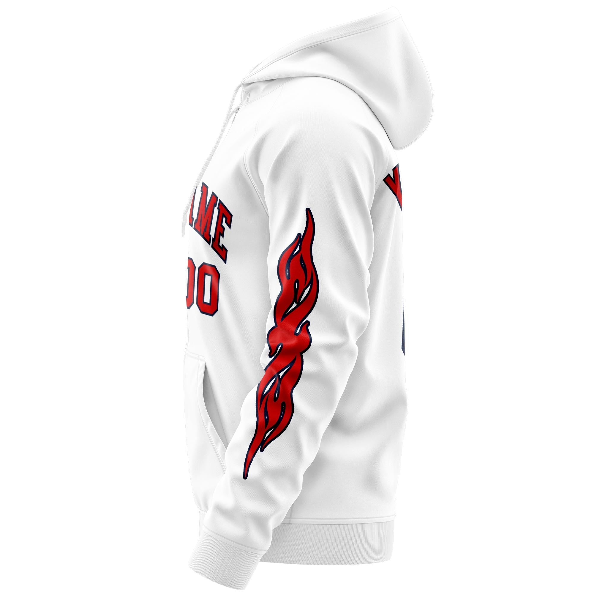 Custom Stitched White Red Sports Full-Zip Sweatshirt Hoodie with Flame