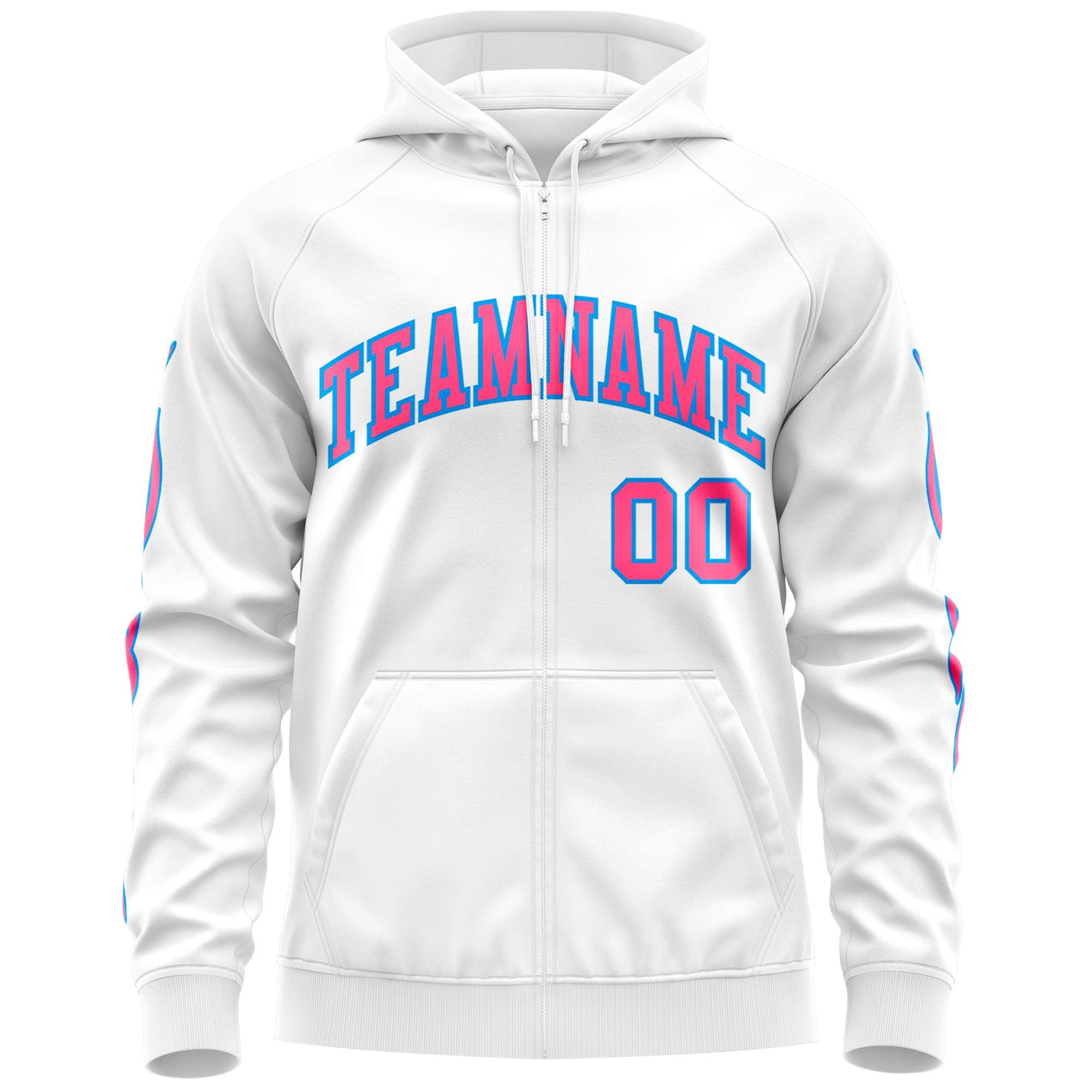 Custom Stitched White Pink Sports Full-Zip Sweatshirt Hoodie with Flame