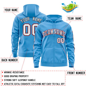 Custom Stitched Light Blue White Sports Full-Zip Sweatshirt Hoodie with Flame