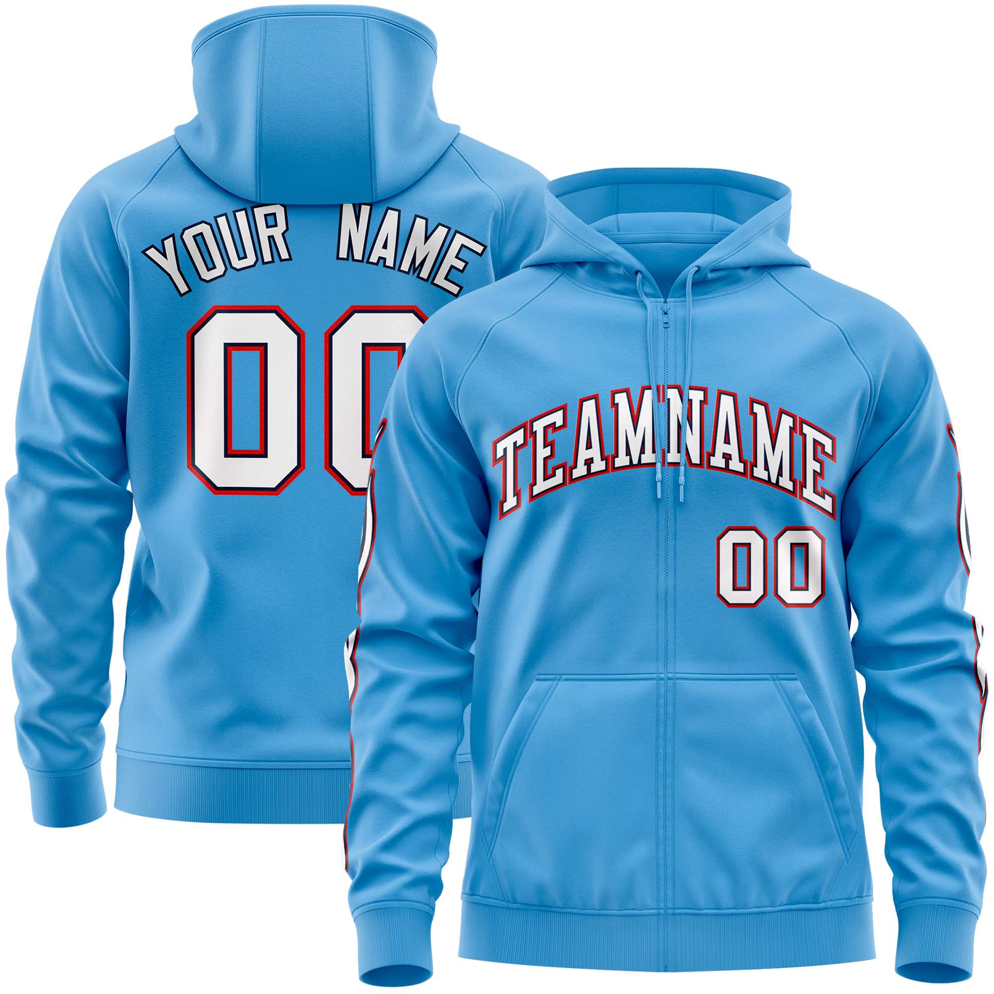 Custom Stitched Light Blue White Sports Full-Zip Sweatshirt Hoodie with Flame