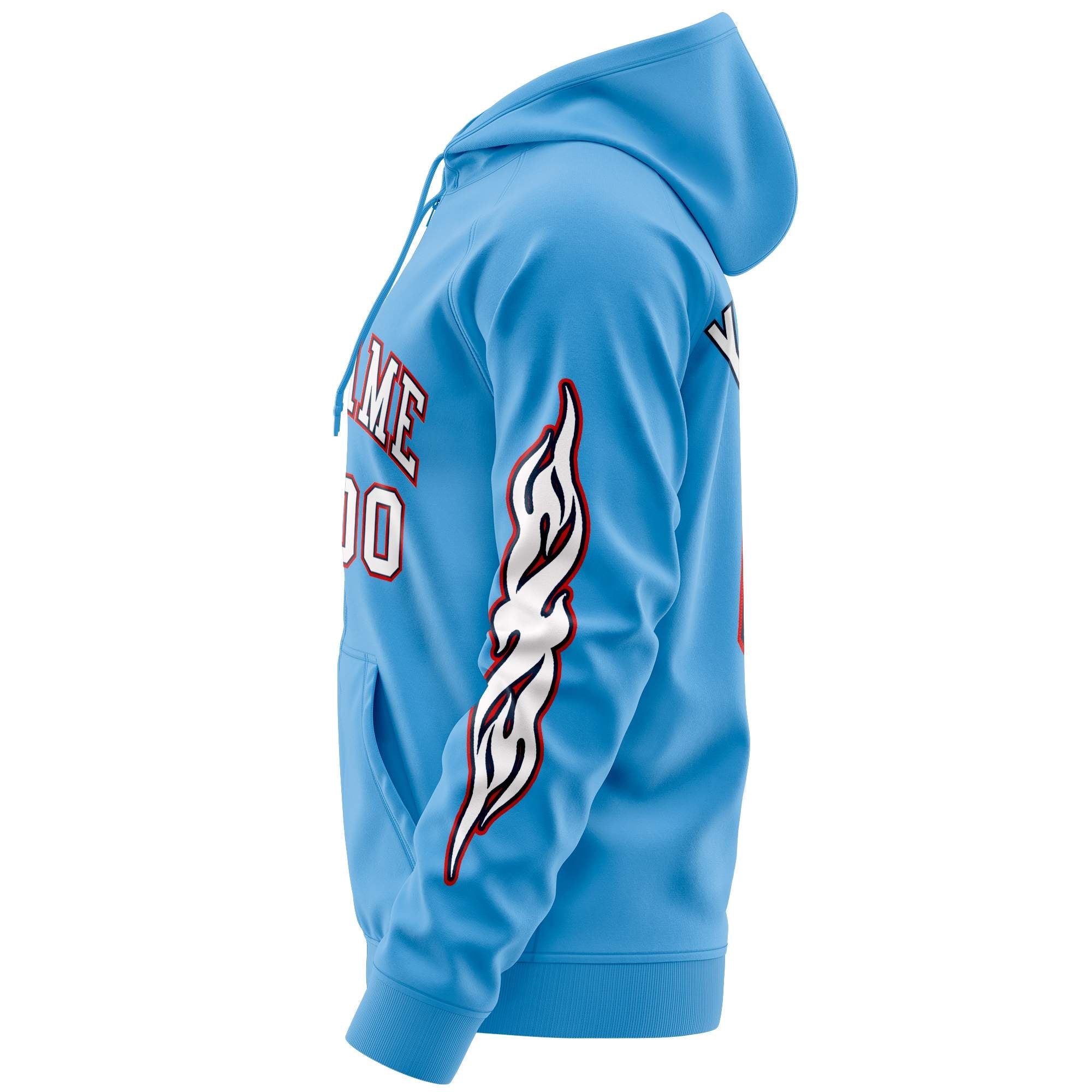 Custom Stitched Light Blue White Sports Full-Zip Sweatshirt Hoodie with Flame