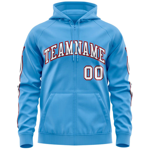 Custom Stitched Light Blue White Sports Full-Zip Sweatshirt Hoodie with Flame