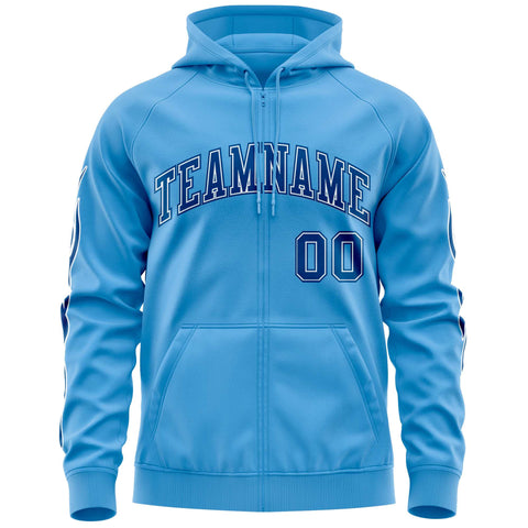Custom Stitched Light Blue Royal Sports Full-Zip Sweatshirt Hoodie with Flame