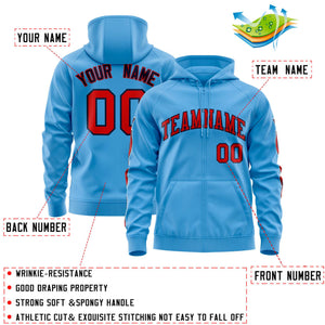 Custom Stitched Light Blue Red Sports Full-Zip Sweatshirt Hoodie with Flame