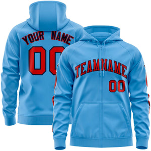 Custom Stitched Light Blue Red Sports Full-Zip Sweatshirt Hoodie with Flame