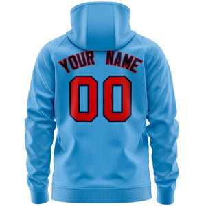 Custom Stitched Light Blue Red Sports Full-Zip Sweatshirt Hoodie with Flame