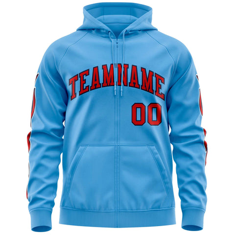 Custom Stitched Light Blue Red Sports Full-Zip Sweatshirt Hoodie with Flame