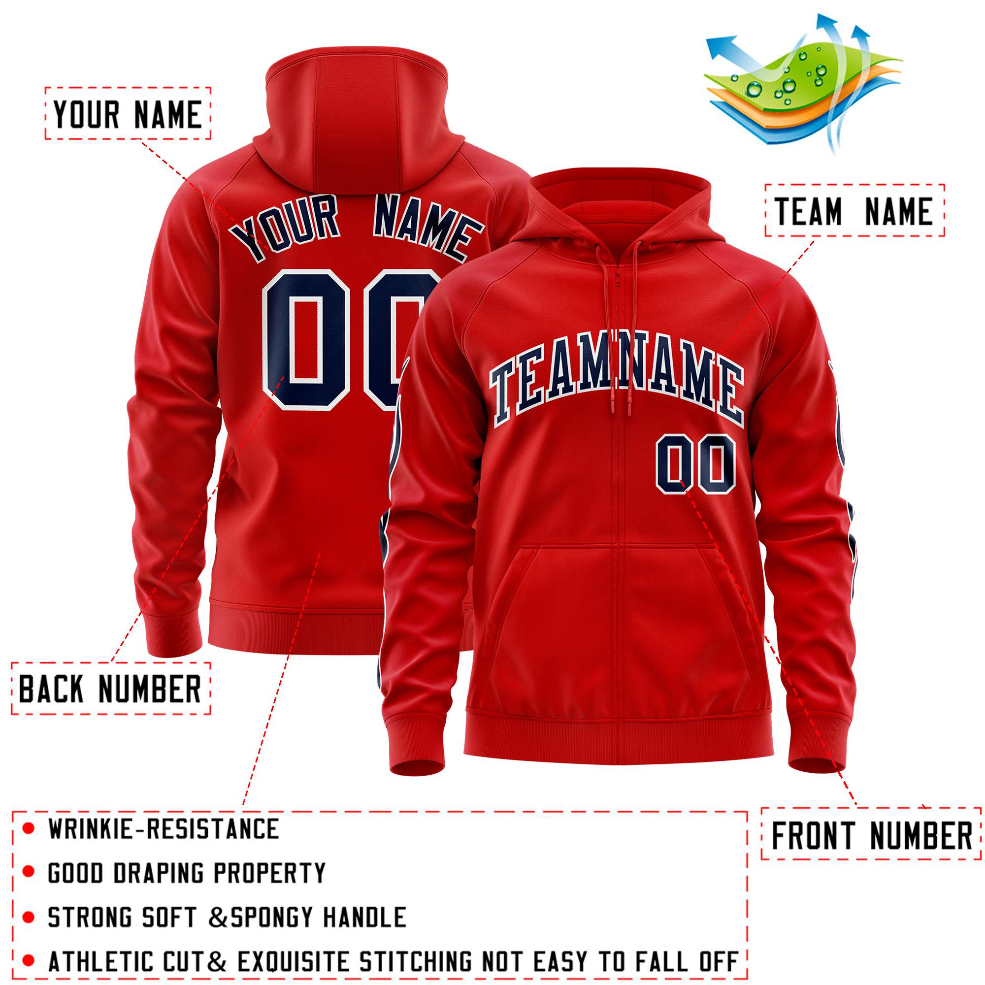 Custom Stitched Red Navy Sports Full-Zip Sweatshirt Hoodie with Flame