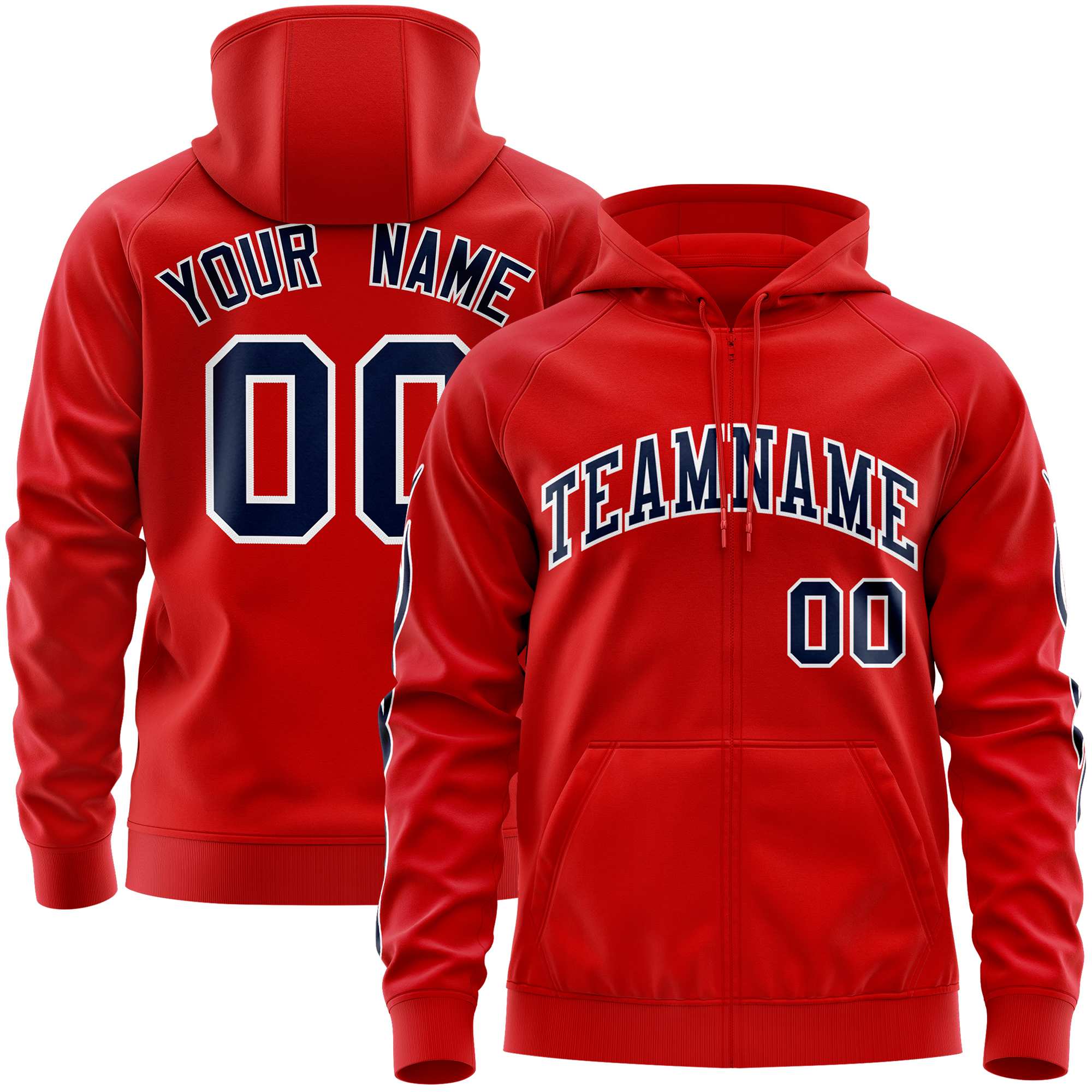 Custom Stitched Red Navy Sports Full-Zip Sweatshirt Hoodie with Flame