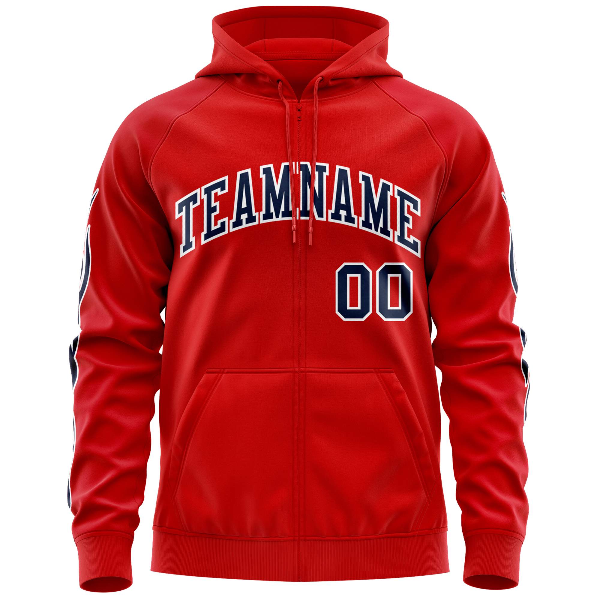 Custom Stitched Red Navy Sports Full-Zip Sweatshirt Hoodie with Flame