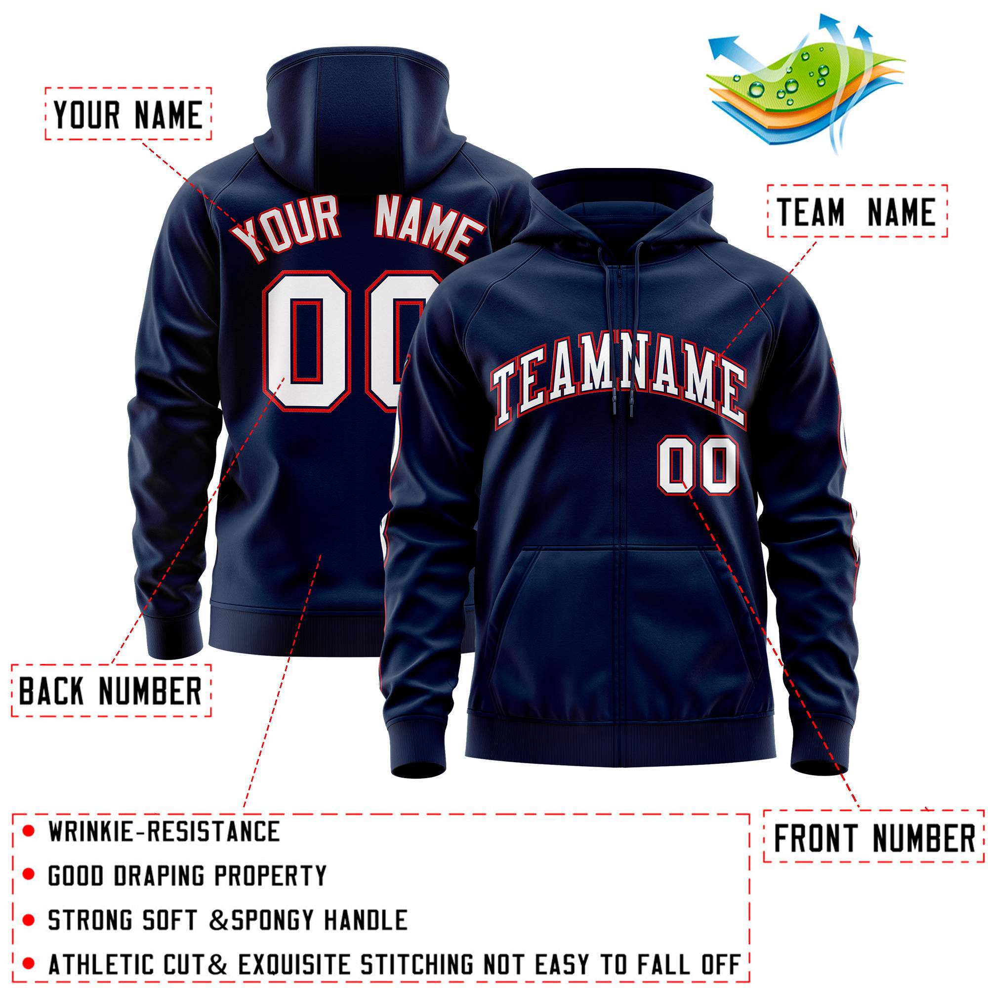 Custom Stitched Navy White Sports Full-Zip Sweatshirt Hoodie with Flame