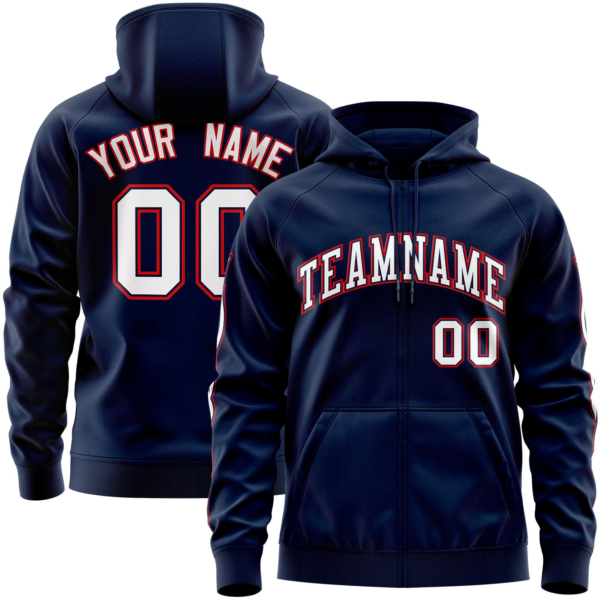 Custom Stitched Navy White Sports Full-Zip Sweatshirt Hoodie with Flame