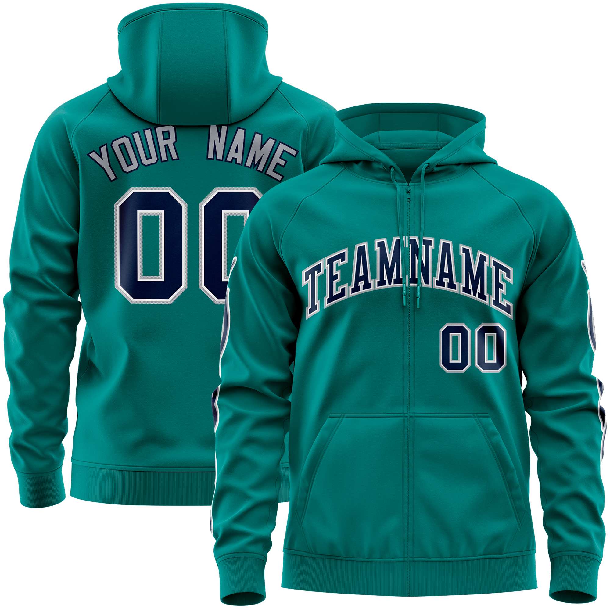 Custom Stitched Aqua Navy Sports Full-Zip Sweatshirt Hoodie with Flame