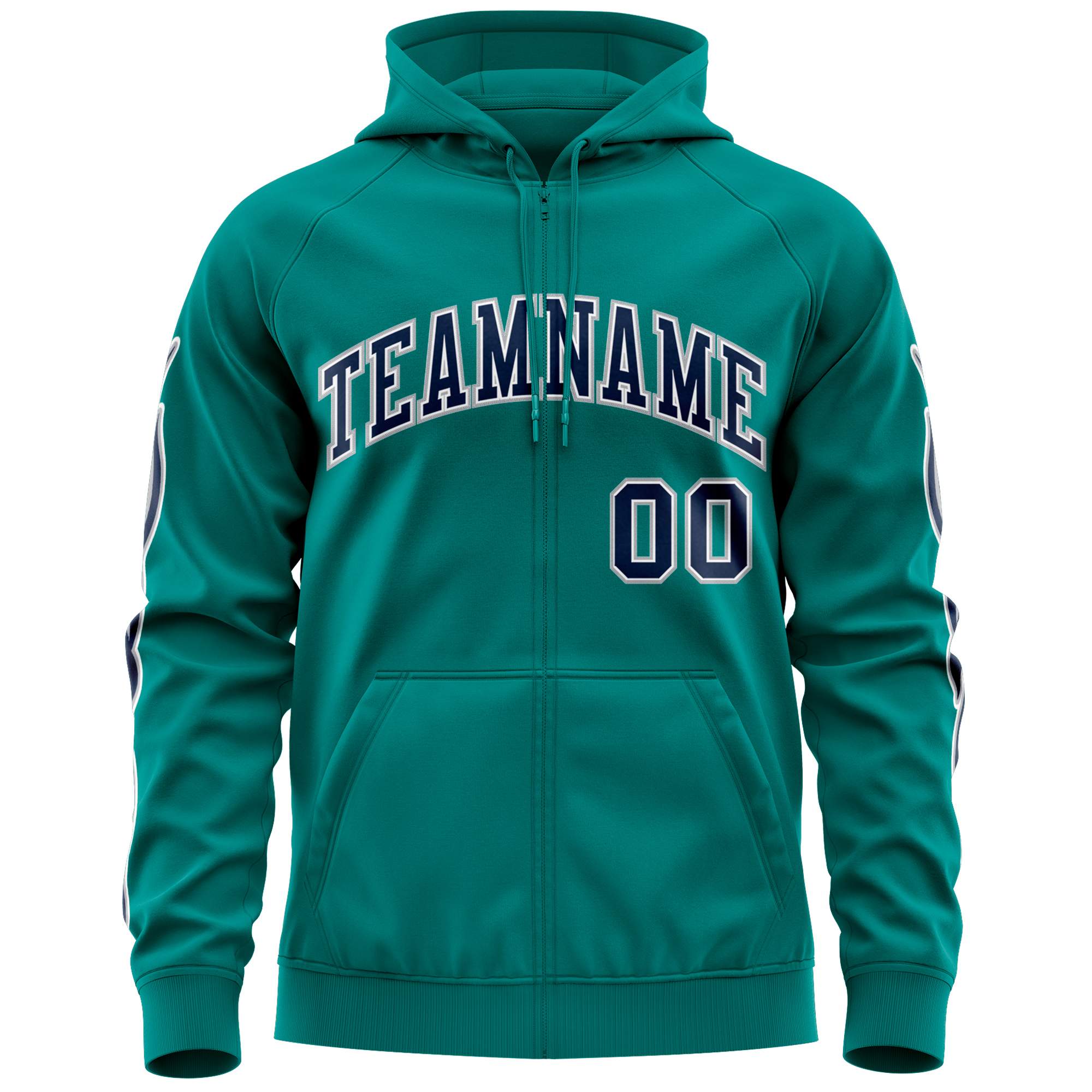 Custom Stitched Aqua Navy Sports Full-Zip Sweatshirt Hoodie with Flame