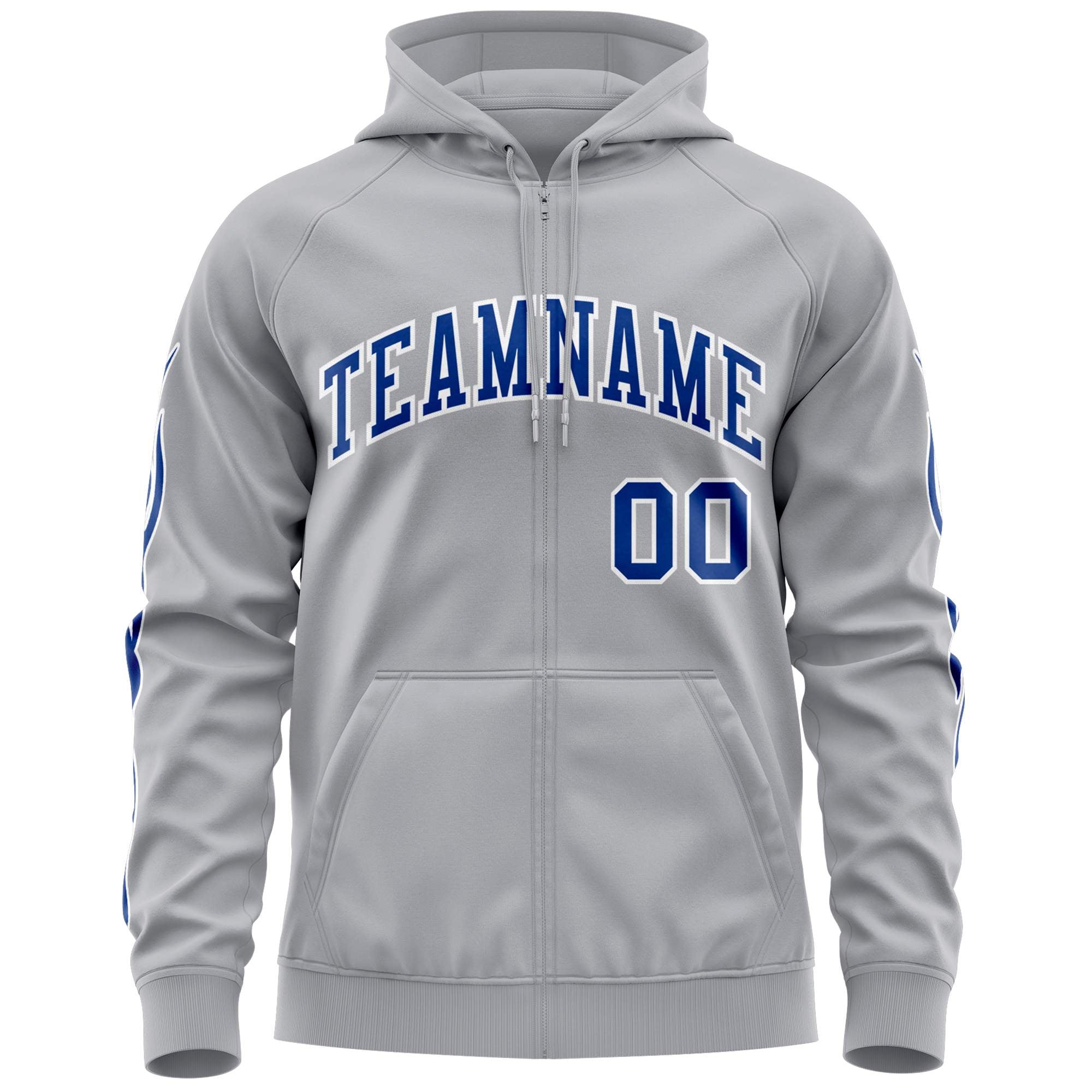 Custom Stitched Gray Royal Sports Full-Zip Sweatshirt Hoodie with Flame