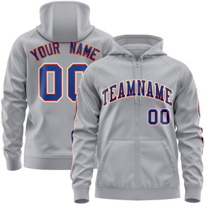 Custom Stitched Gray Royal Sports Full-Zip Sweatshirt Hoodie with Flame