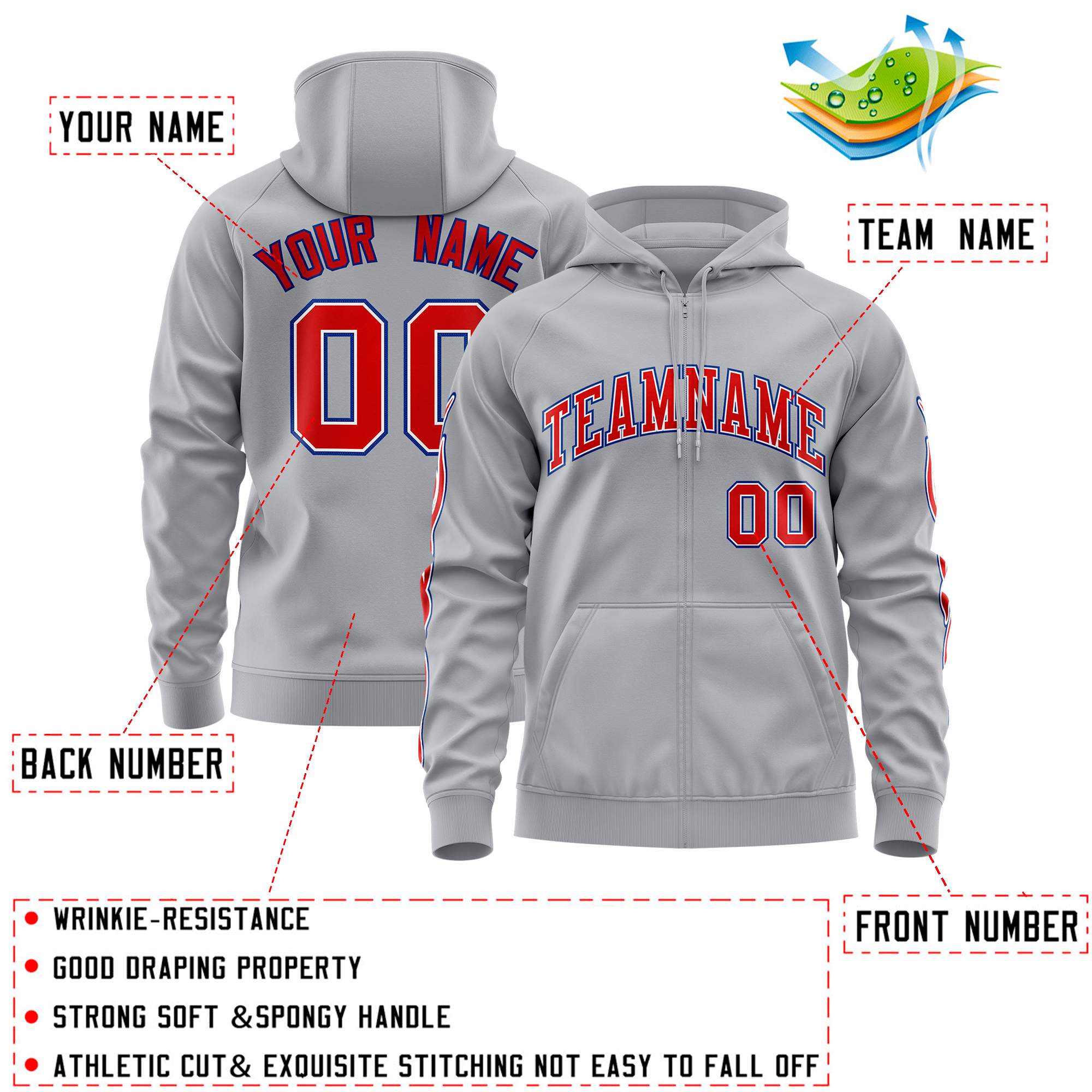 Custom Stitched Gray Red Sports Full-Zip Sweatshirt Hoodie with Flame