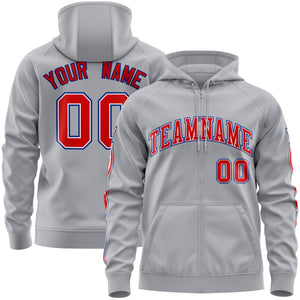 Custom Stitched Gray Red Sports Full-Zip Sweatshirt Hoodie with Flame