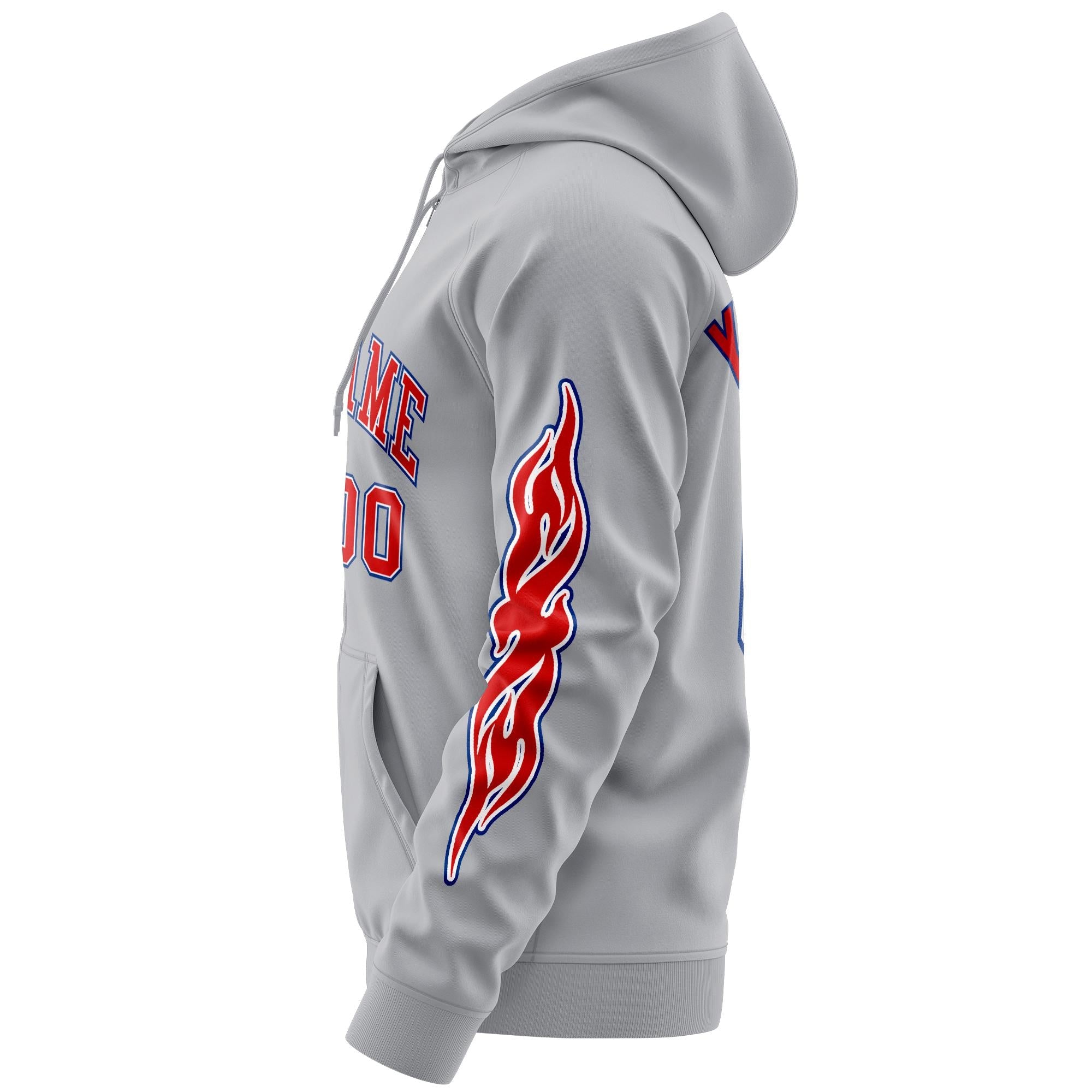 Custom Stitched Gray Red Sports Full-Zip Sweatshirt Hoodie with Flame