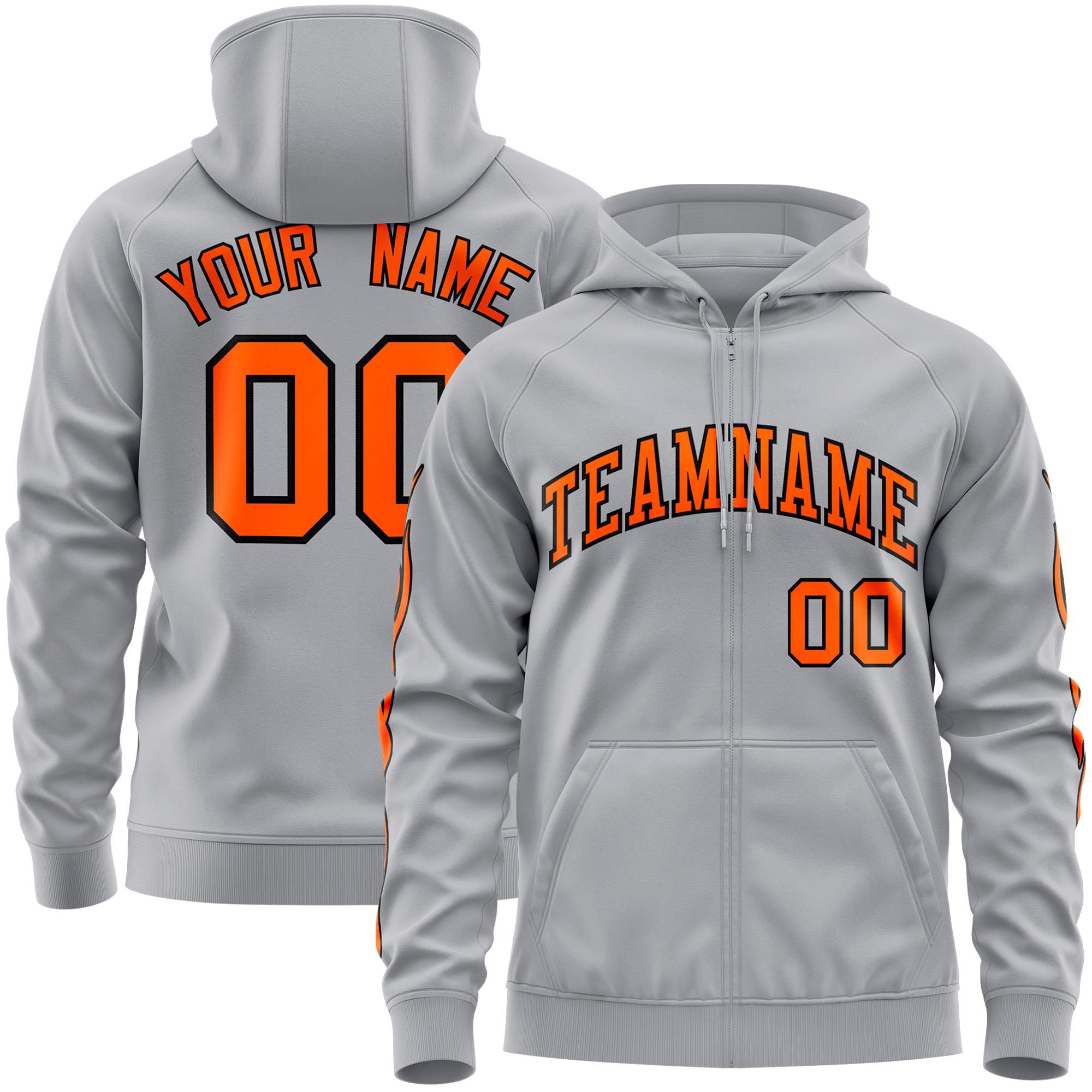 Custom Stitched Gray Orange Sports Full-Zip Sweatshirt Hoodie with Flame