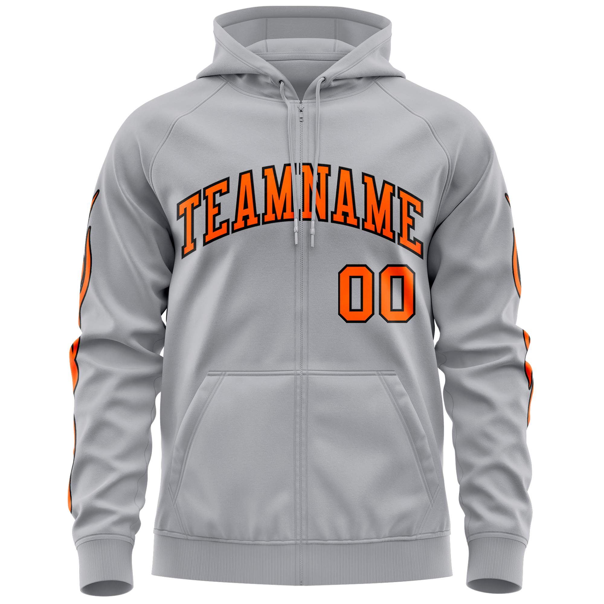 Custom Stitched Gray Orange Sports Full-Zip Sweatshirt Hoodie with Flame