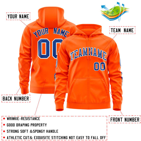 Custom Stitched Orange Royal Sports Full-Zip Sweatshirt Hoodie with Flame