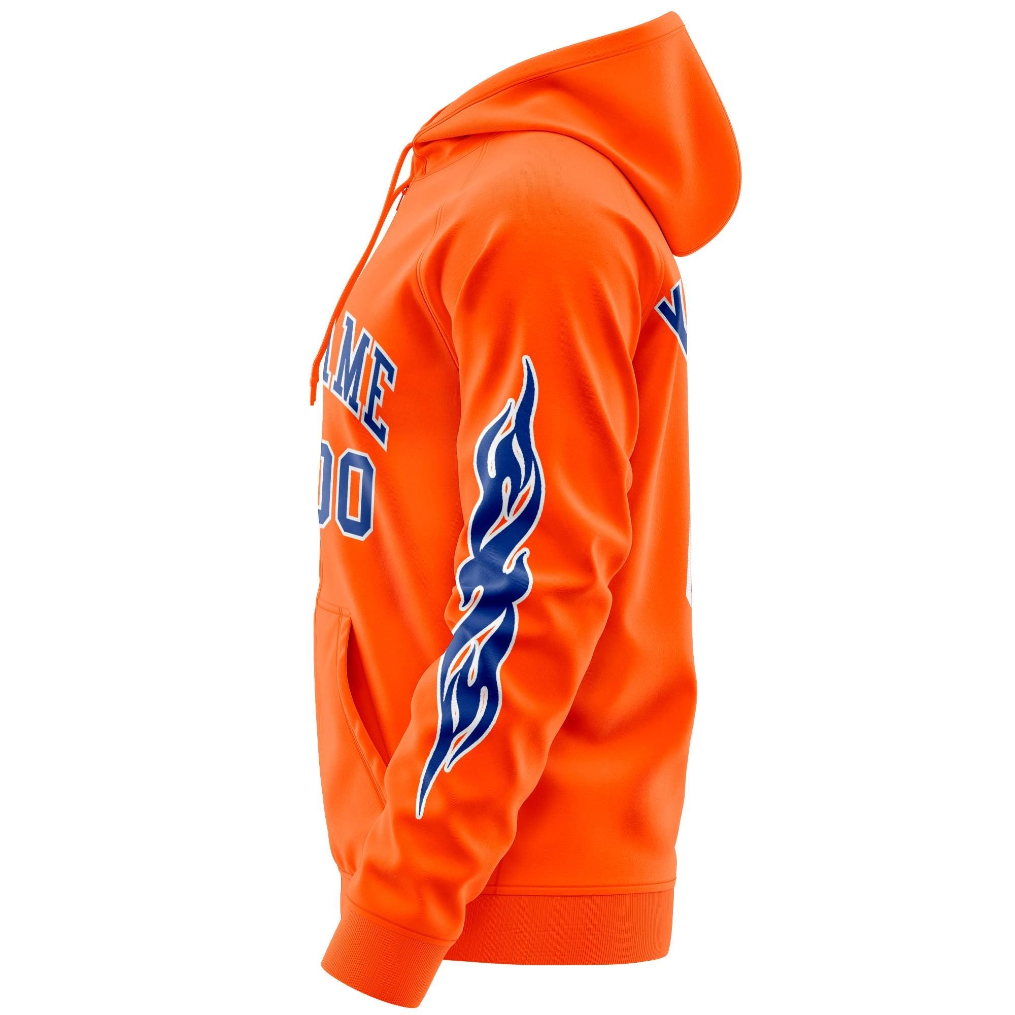 Custom Stitched Orange Royal Sports Full-Zip Sweatshirt Hoodie with Flame