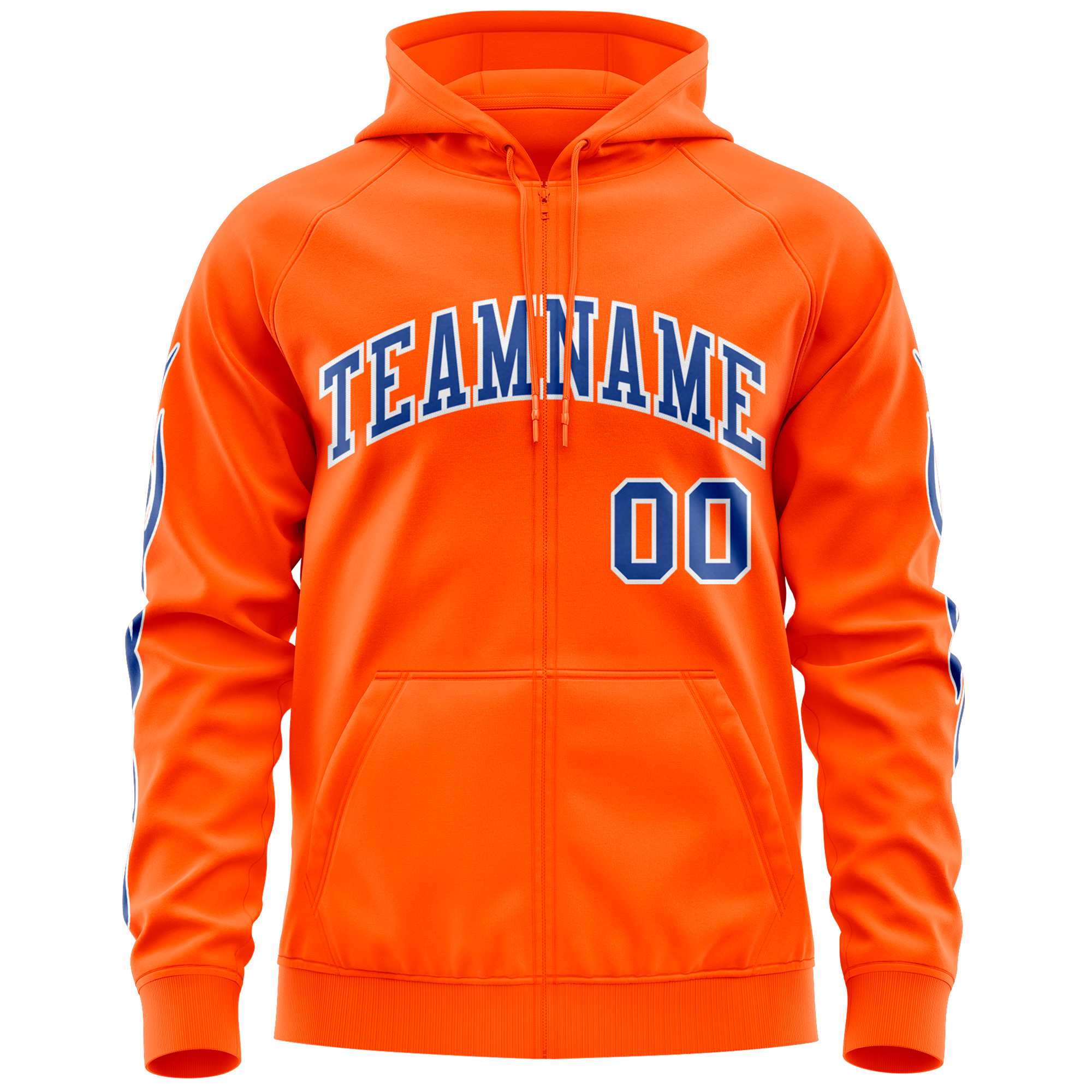 Custom Stitched Orange Royal Sports Full-Zip Sweatshirt Hoodie with Flame