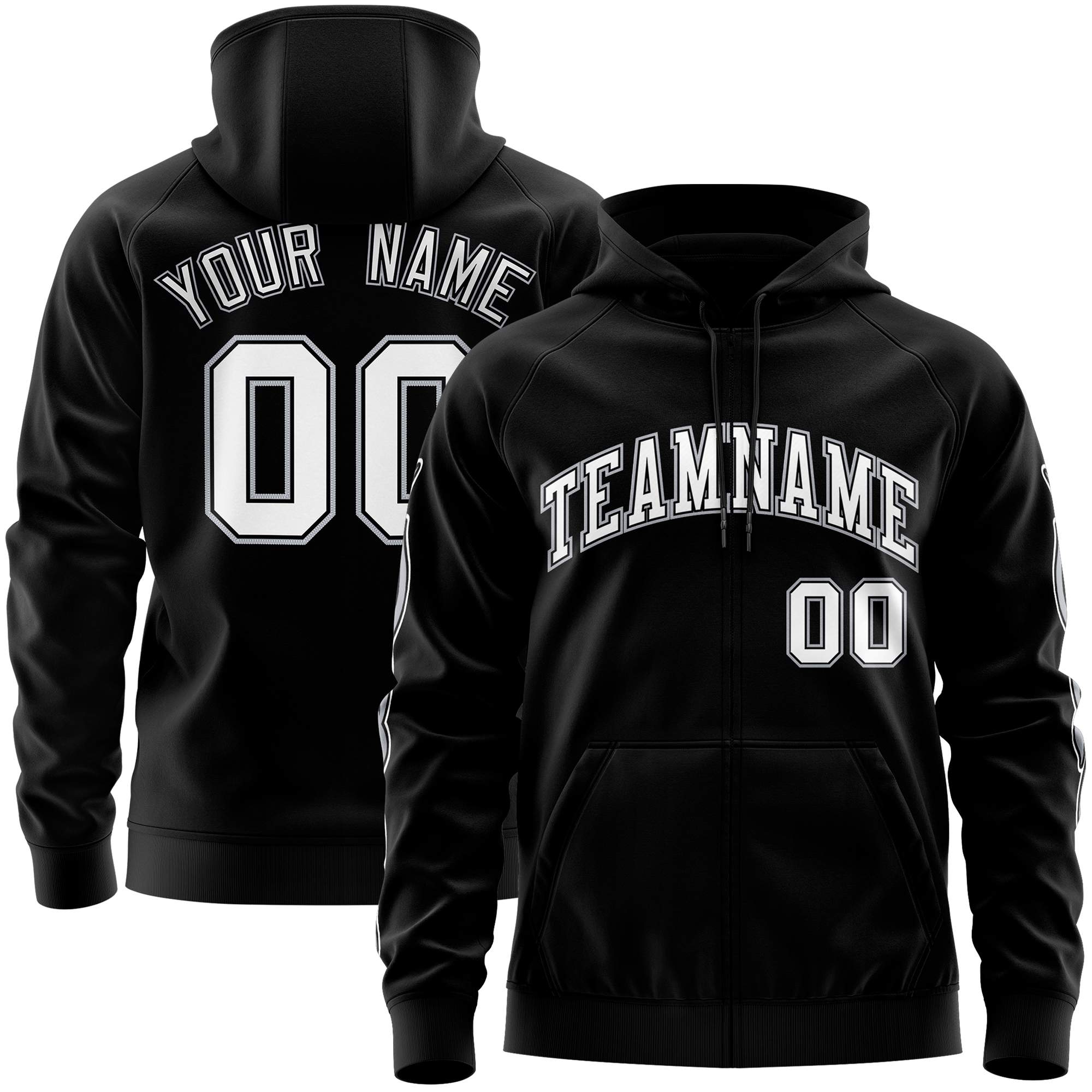 Custom Stitched Black White Sports Full-Zip Sweatshirt Hoodie with Flame