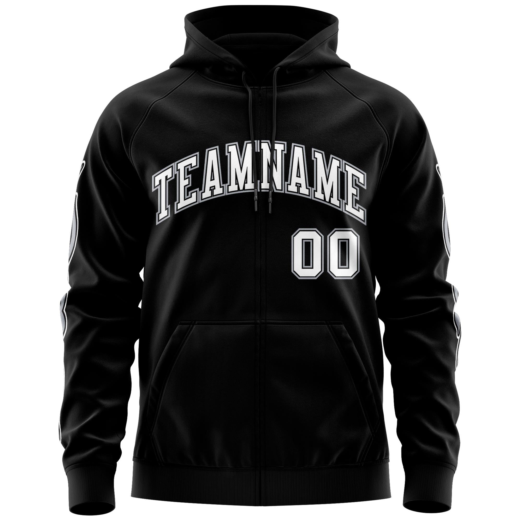 Custom Stitched Black White Sports Full-Zip Sweatshirt Hoodie with Flame