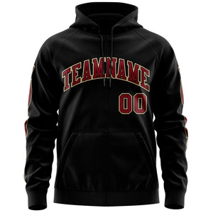 Custom Stitched Black Crimson Sports Full-Zip Sweatshirt Hoodie with Flame