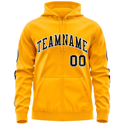 Custom Stitched Gold Black Sports Full-Zip Sweatshirt Hoodie with Flame