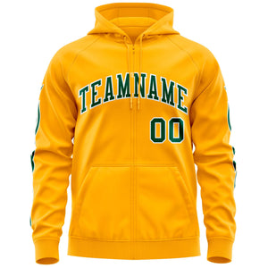 Custom Stitched Gold Green Sports Full-Zip Sweatshirt Hoodie with Flame