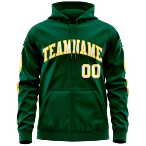 Custom Stitched Green White Sports Full-Zip Sweatshirt Hoodie with Flame